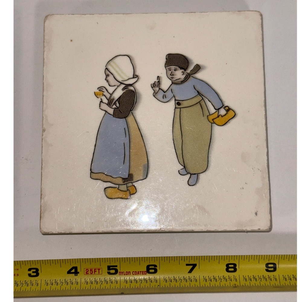 Vintage Germany Ceramic Tile Trivet Dutch Boy and Girl Clogs 6x6 Hot Plate